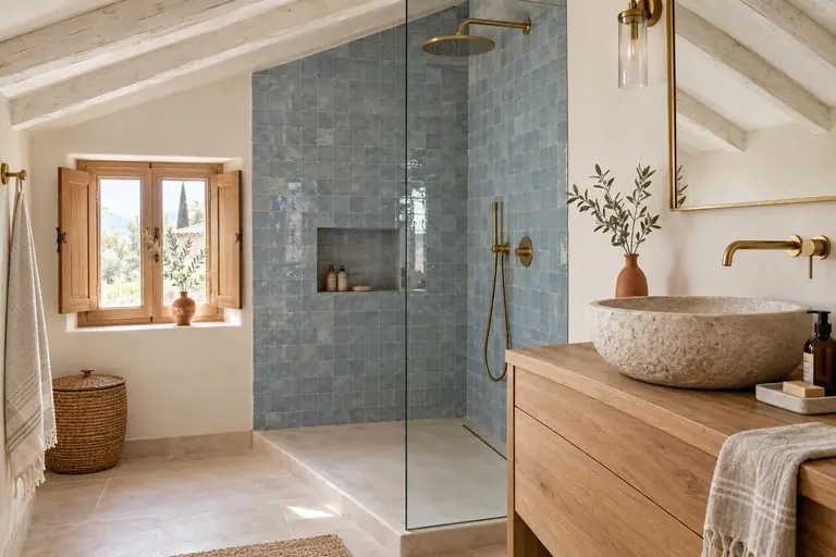 Salle de bain sous rampant dans une maison ancienne du Var, douche en zellige bleu doux et poutres blanchies