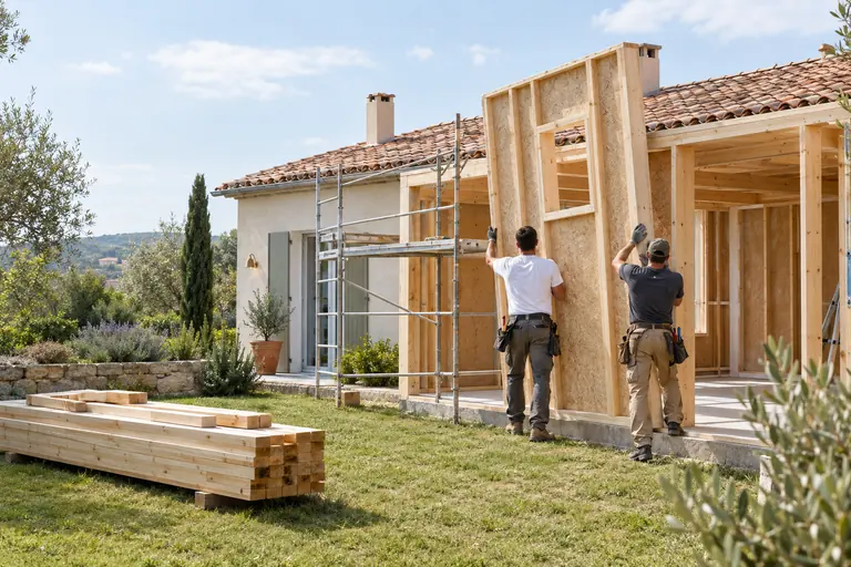 Deux charpentiers de dos levant un panneau d’ossature bois pour une extension à l’arrière d’une maison du Var