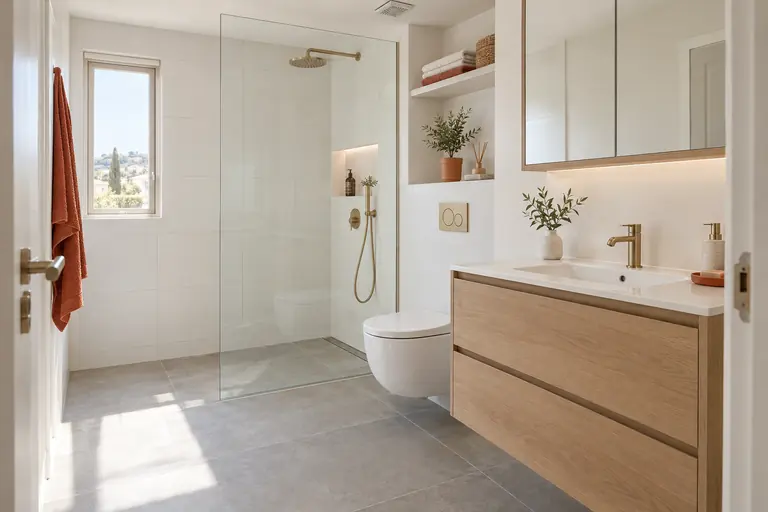 Salle de bain d’appartement rénovée avec douche vitrée, grands carreaux blancs, WC suspendu et meuble vasque en bois clair