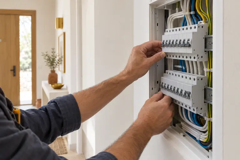 Gros plan sur les mains d’un électricien raccordant les disjoncteurs d’un tableau électrique neuf dans l’entrée d’un appartement