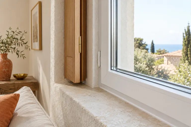 Gros plan sur une fenêtre neuve à vitrage acoustique posée dans un mur épais, volet intérieur replié et joint frais autour du cadre