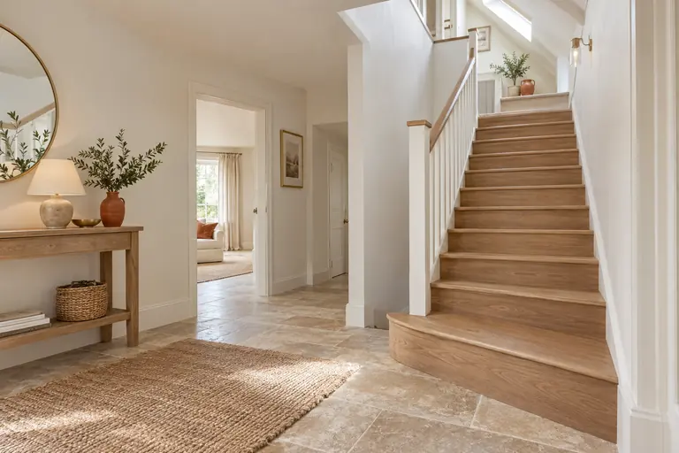 Escalier quart tournant en chêne montant vers les combles aménagés, garde-corps blanc et trémie proprement finie au plafond