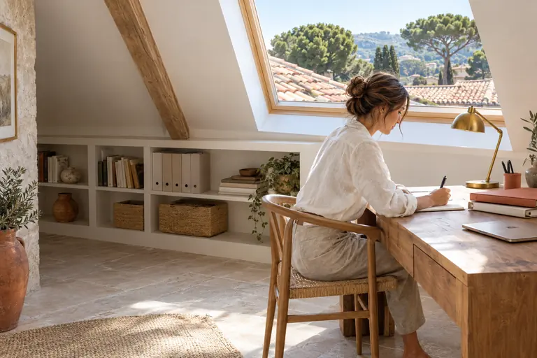 Petit bureau aménagé sous la pente du toit, table placée sous une fenêtre de toit donnant sur des toits de tuiles et des pins