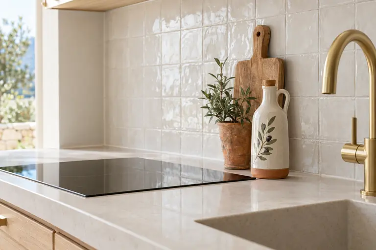 Gros plan sur une crédence en faïence artisanale blanche derrière une plaque à induction, robinet laiton et plan de travail en quartz