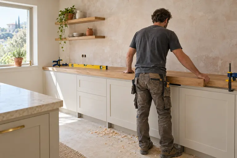 Menuisier de dos ajustant un plan de travail en chêne massif sur des meubles bas neufs, niveau et serre-joints posés dessus