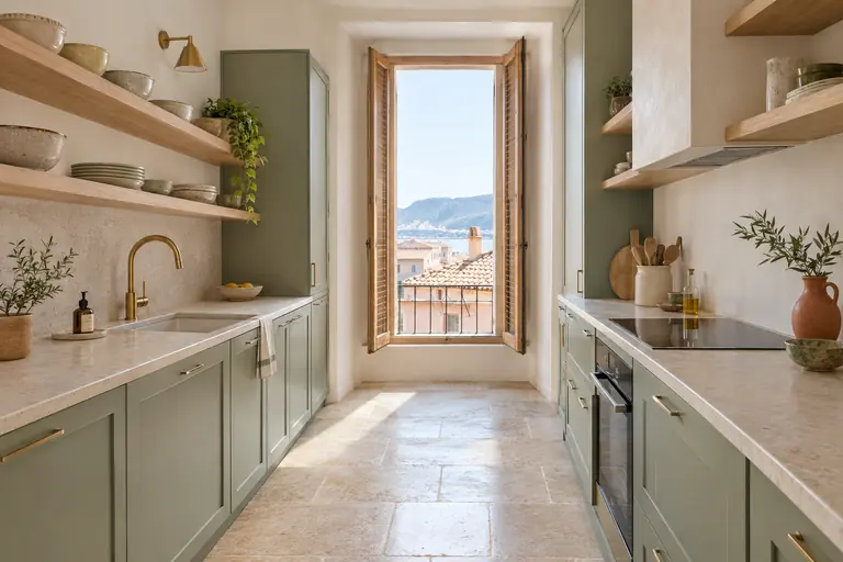 Petite cuisine en longueur rénovée dans un appartement, meubles vert sauge des deux côtés, étagères ouvertes et fenêtre à volets bois au fond