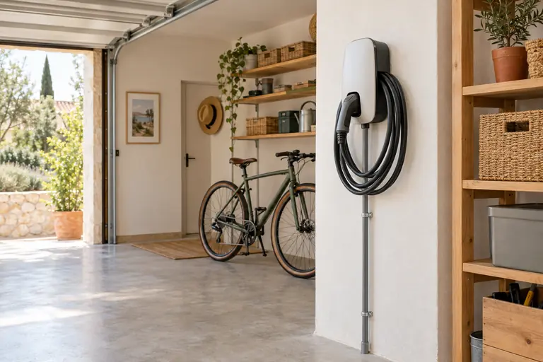 Borne de recharge pour voiture électrique fixée au mur d’un garage, câble enroulé et gaine reliée à un circuit dédié