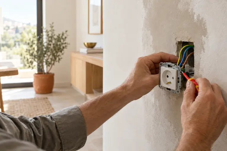 Gros plan sur les mains d’un électricien raccordant une prise encastrée neuve avec broche de terre sur un mur fraîchement enduit
