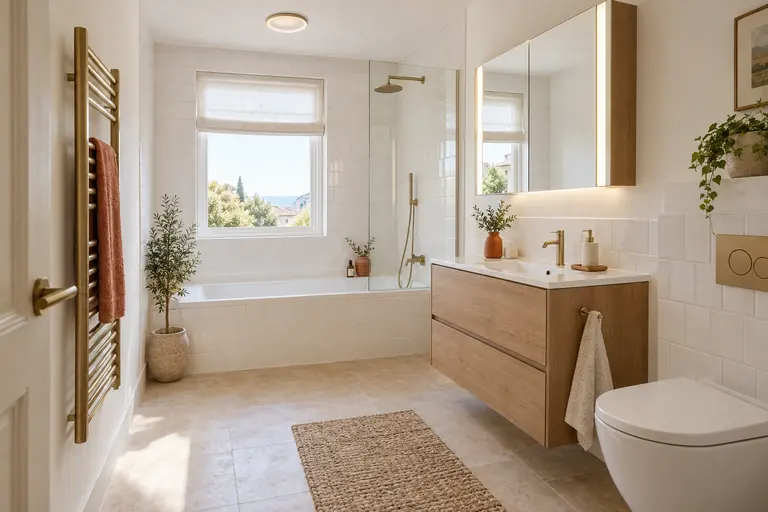 Salle de bain rénovée avec armoire de toilette éclairée et sèche-serviettes placés à distance de la baignoire, plafonnier étanche