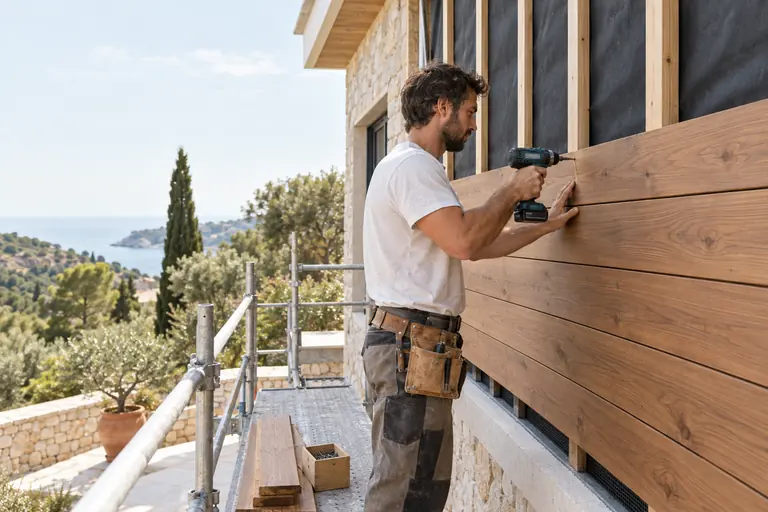 Charpentier de profil vissant des lames de bois thermo-traité sur tasseaux, devant un pare-pluie noir et une lame d’air ventilée