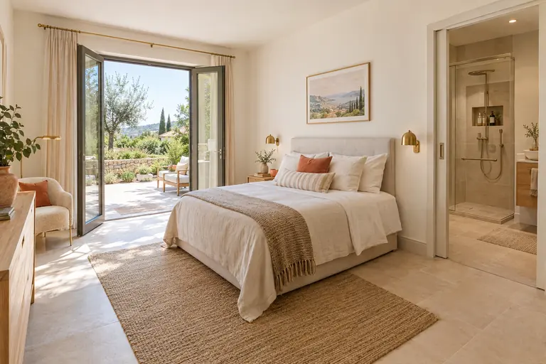 Chambre avec porte sur le jardin, seuil de plain-pied et petite salle d’eau accessible avec douche à l’italienne