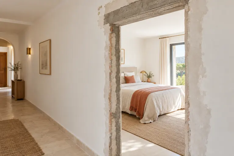 Baie de porte récemment ouverte dans l’ancien mur de façade pour relier le couloir à la chambre en extension