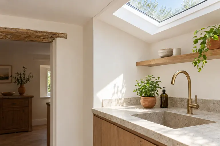 Angle de jonction entre maison et extension dans une cuisine, joint de dilatation discret et puits de lumière au-dessus de l’évier
