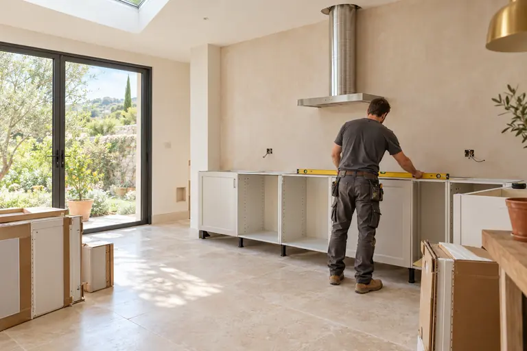 Poseur de dos installant les meubles bas d’une cuisine dans une extension, conduit de hotte et cartons de meubles hauts