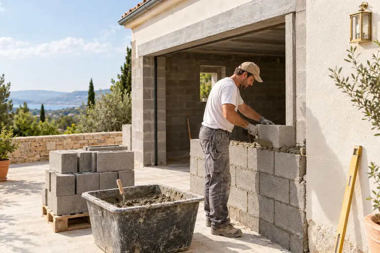 Maçon de profil posant les parpaings d’un garage accolé, ouverture de porte surmontée d’un linteau préfabriqué
