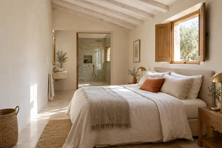 Chambre sous rampant au bout d’une extension de maison rurale, salle d’eau attenante carrelée et volets ouverts sur les oliviers