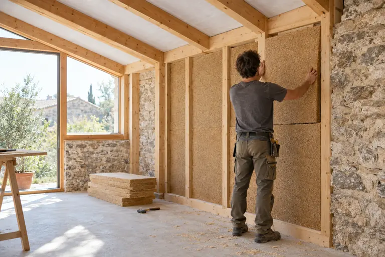Artisan de dos posant un isolant en fibre de bois dans l’ossature d’un appentis adossé à une maison en pierre