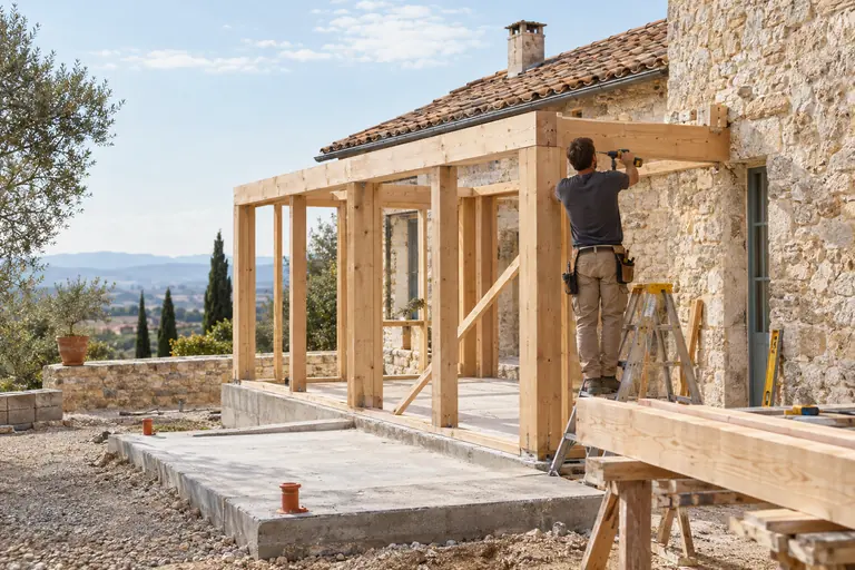Charpentier de dos montant l’ossature bois d’une extension sur fondations neuves, contre le mur d’une maison en pierre