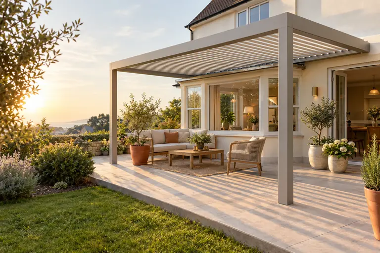 Pergola aluminium à lames orientables protégeant la baie d’une extension exposée à l’ouest, ombres rayées sur la terrasse