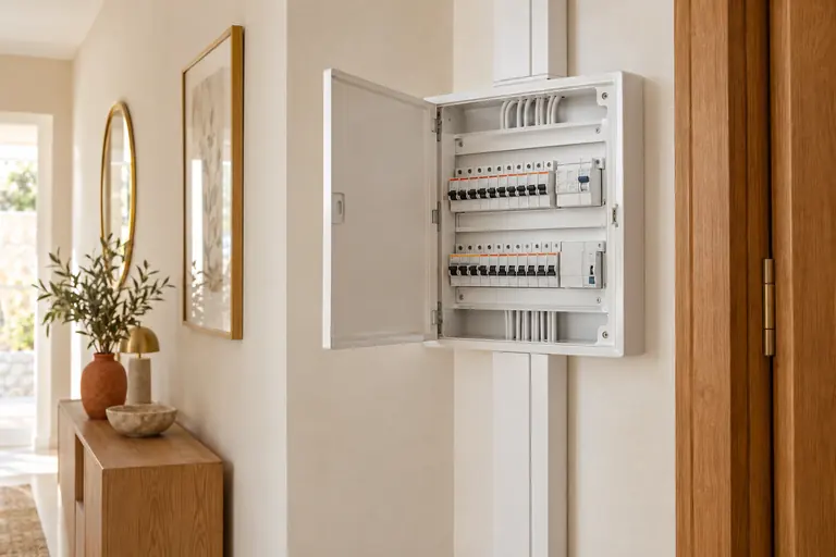 Gros plan sur un tableau électrique rénové aux disjoncteurs neufs alignés, dans le couloir d’un pavillon des années 70