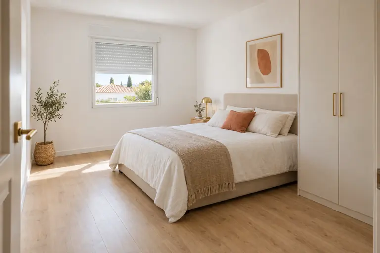 Chambre neuve dans l’extension d’un pavillon, murs blancs, sol stratifié chêne clair et fenêtre au volet roulant mi-clos