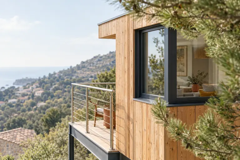 Détail d’un bardage vertical en mélèze, menuiserie aluminium anthracite et garde-corps inox d’une extension sur pilotis