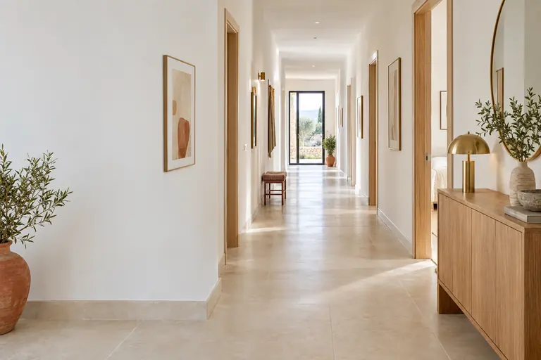 Couloir prolongé dans l’extension, carrelage clair continu sans seuil entre l’ancienne et la nouvelle partie, porte vitrée au fond