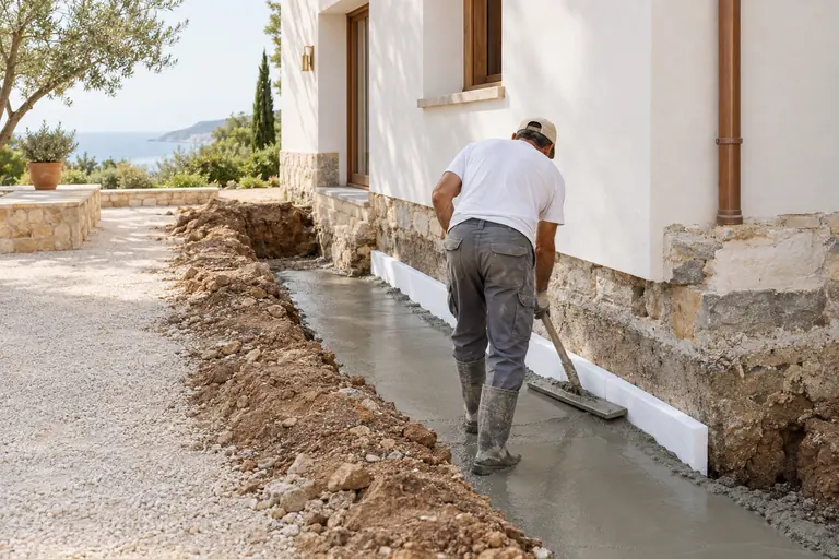 Ouvrier de dos égalisant le béton frais des semelles filantes d’une aile neuve, séparées de la maison par un isolant