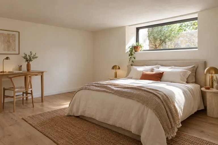 Chambre aménagée en sous-sol, fenêtre sur saut-de-loup, murs isolés blancs et parquet bois