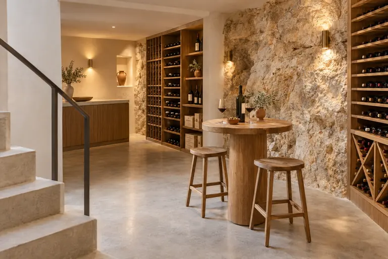 Cave à vin creusée en sous-sol, paroi de roche calcaire apparente, casiers en bois et éclairage doux