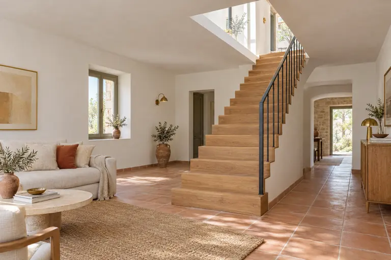 Escalier en chêne et rampe métallique noire montant par une trémie neuve depuis un séjour au sol en tomettes