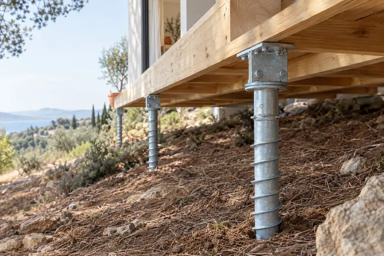 Gros plan sur des vis de fondation galvanisées soutenant le plancher en bois d’un studio sur terrain en pente
