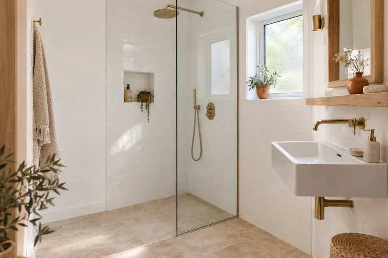 Petite salle d’eau dans un studio en bois, douche à l’italienne avec paroi vitrée et vasque suspendue compacte