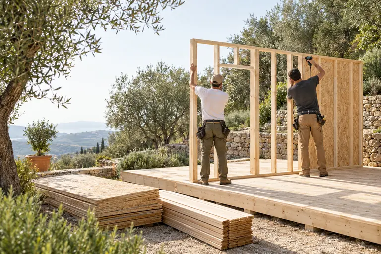 Deux charpentiers de dos assemblant l’ossature bois d’un studio de jardin sur sa plateforme, près d’un mur de restanque