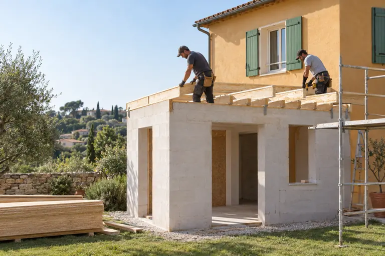 Charpentiers de profil posant les solives d’un toit plat sur une petite extension, devant une maison enduite ocre aux volets verts