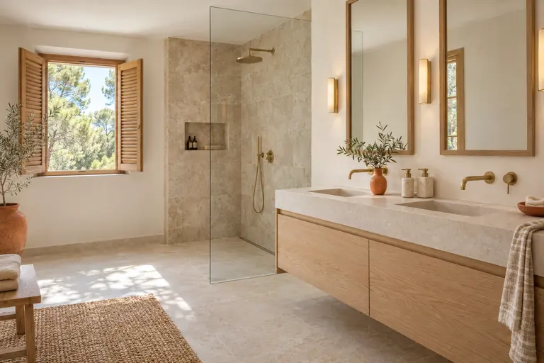 Salle de bains de suite parentale, double vasque sur meuble chêne clair, grande douche à l’italienne et fenêtre aux volets bois