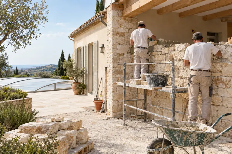 Deux maçons de dos montant les murs d’une extension de villa en pierre calcaire hourdée à la chaux, piscine bâchée à côté