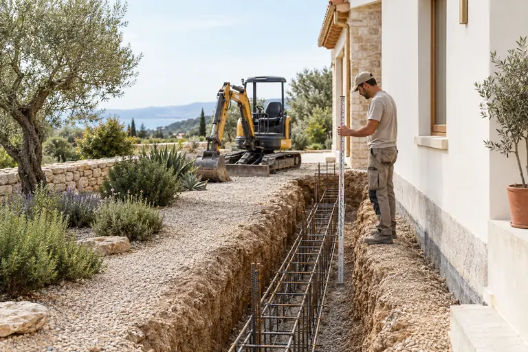 Tranchée de fondations ferraillée le long d’une maison enduite, mini-pelle sur le gravier et ouvrier de profil vérifiant la profondeur