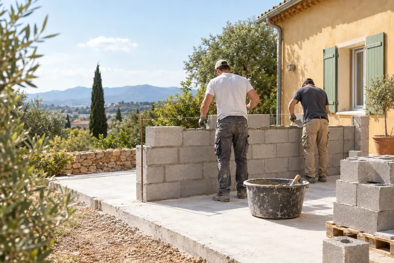 Deux maçons de dos montant les murs en parpaing d’une extension sur dalle neuve, à côté d’une maison ocre aux volets verts