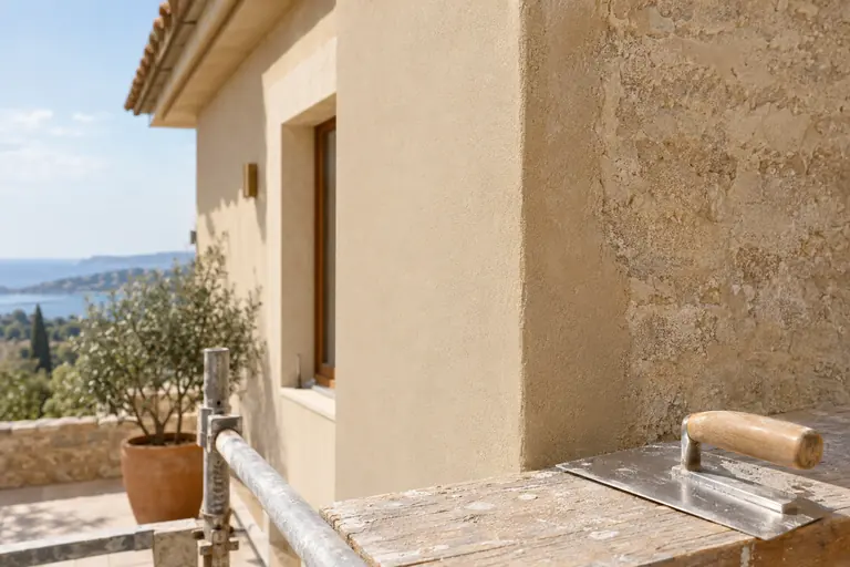 Gros plan sur l’enduit neuf de l’extension raccordé à l’ancien enduit de la maison, teinte sable assortie et taloche posée