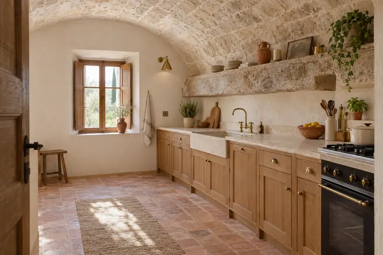 Cuisine aménagée dans l’ancienne écurie voûtée d’une ferme, avec mangeoire en pierre conservée et plan de travail en pierre