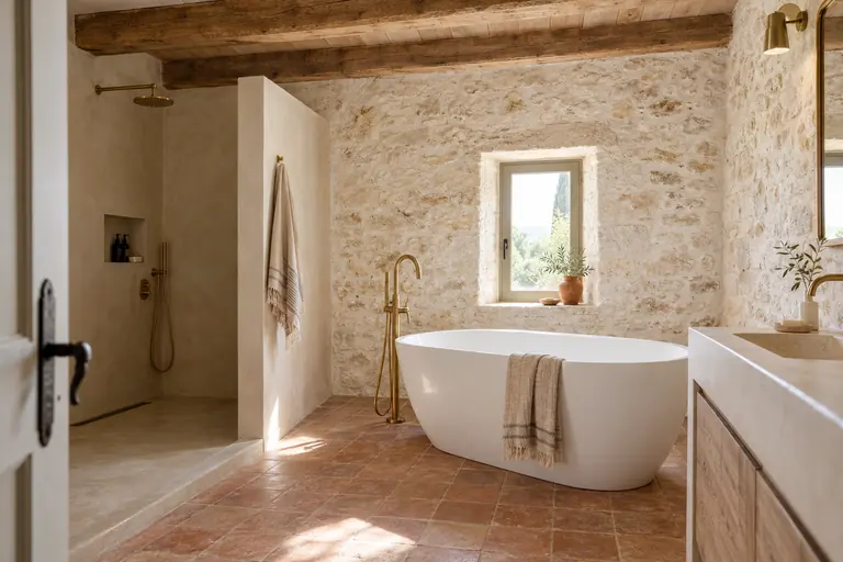 Salle de bain dans une dépendance de ferme avec baignoire îlot, mur en pierre apparente et douche en enduit à la chaux