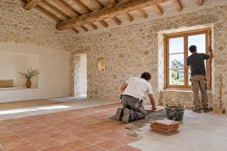 Deux artisans de dos posant des tomettes et une fenêtre en bois dans une ancienne bergerie transformée en chambre