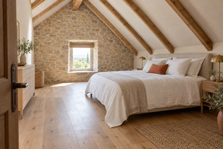 Chambre aménagée dans l’ancien fenil d’une grange avec plafond rampant en bois et petite fenêtre dans le pignon