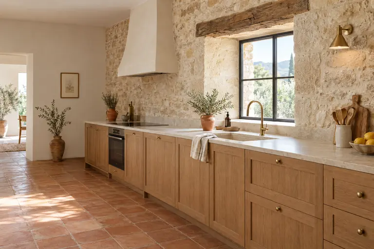 Cuisine en bois installée contre un mur en pierre apparente dans une grange, sous un ancien linteau en bois