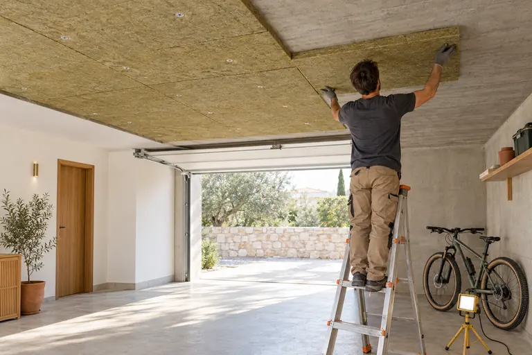 Technicien de dos sur un escabeau vissant des panneaux de laine minérale au plafond d’un garage pour isoler le plancher