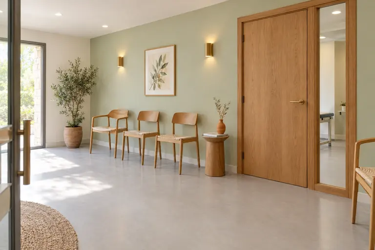 Salle d’attente d’un cabinet paramédical rénové avec chaises en bois, mur vert pâle et sol vinyle gris clair
