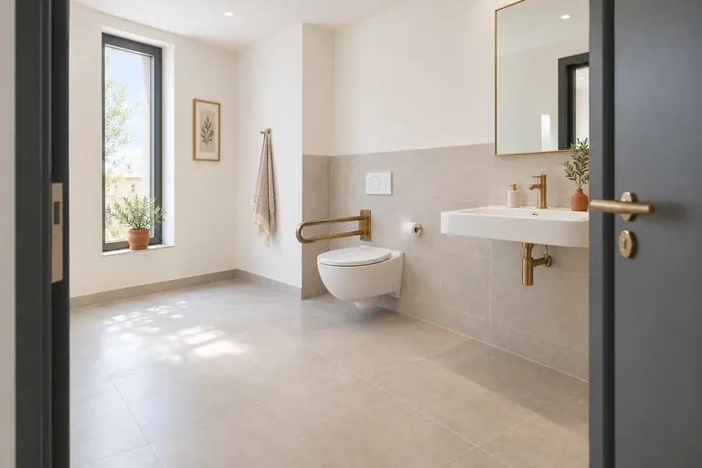 Sanitaire accessible d’un local professionnel avec barre d’appui, lavabo dégagé et large espace de manœuvre