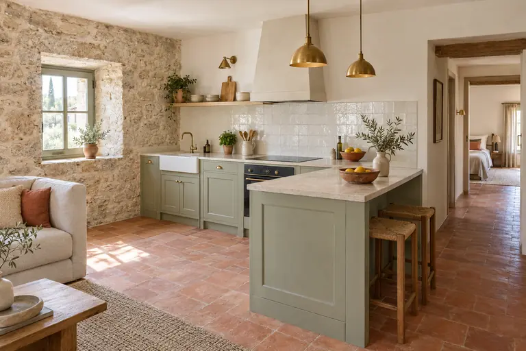 Cuisine en bois peint vert pâle au centre d’une maison en longueur, entre murs épais en pierre et sol en terre cuite