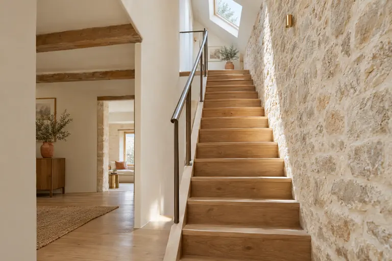 Escalier neuf en chêne au centre d’une maison en pierre montant vers les combles, éclairé par une fenêtre de toit